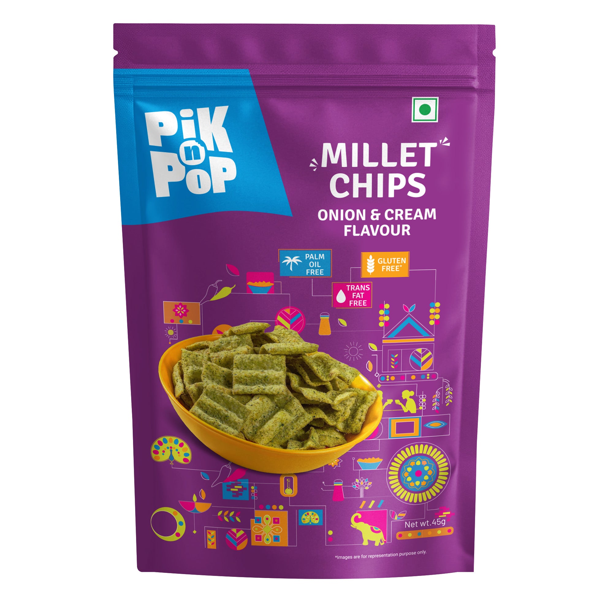 Pik n Pop Millet Chips Onion & Cream Flavour 45g