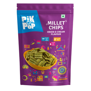 Pik n Pop Millet Chips Onion & Cream Flavor, gluten-free, palm oil-free snack in purple packaging