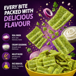 Green onion-flavored millet chips with creamy seasoning, real onion, and rice bran oil for delicious snacking