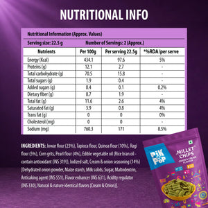 Nutritional info and ingredients for Pik n Pop Millet Chips Onion & Cream flavor, gluten-free snack