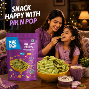 Millet chips onion & cream flavor snack with mom and daughter enjoying together