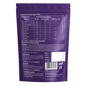Nutritional info and ingredients for Ragi Chips Mint & Tomato Seasoning snack pack, gluten-free, made in India