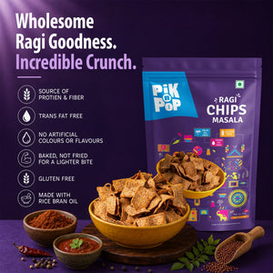 Pik n Pop Ragi Chips Masala – gluten-free, baked snack with protein & fiber, served in bowls with spices