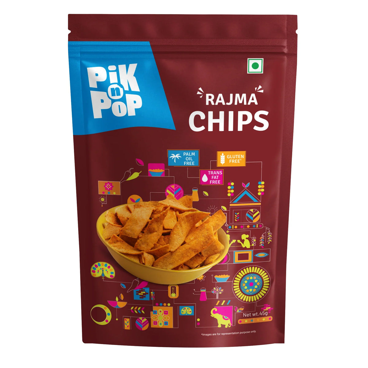 Pik n Pop Rajma Chips – gluten-free, palm oil-free, trans fat-free snack in colorful Indian-themed packaging