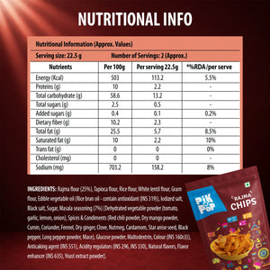 Nutritional info and ingredients for Pik n Pop Rajma Chips, gluten-free snack with masala seasoning