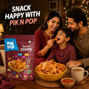 Pik N Pop Rajma Chips snack pack with family enjoying chips, gluten-free, palm oil free, perfect for happy snacking moments