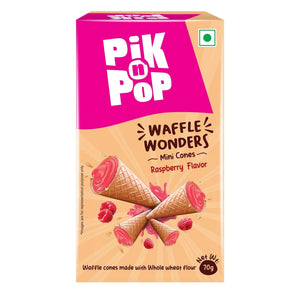 Box of Pik n Pop Waffle Wonders mini cones, raspberry flavor, with images of waffle cones and raspberries on packaging.