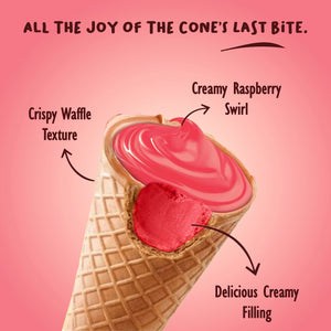 Ice cream cone with crispy waffle texture, creamy raspberry swirl, and creamy filling on pink background