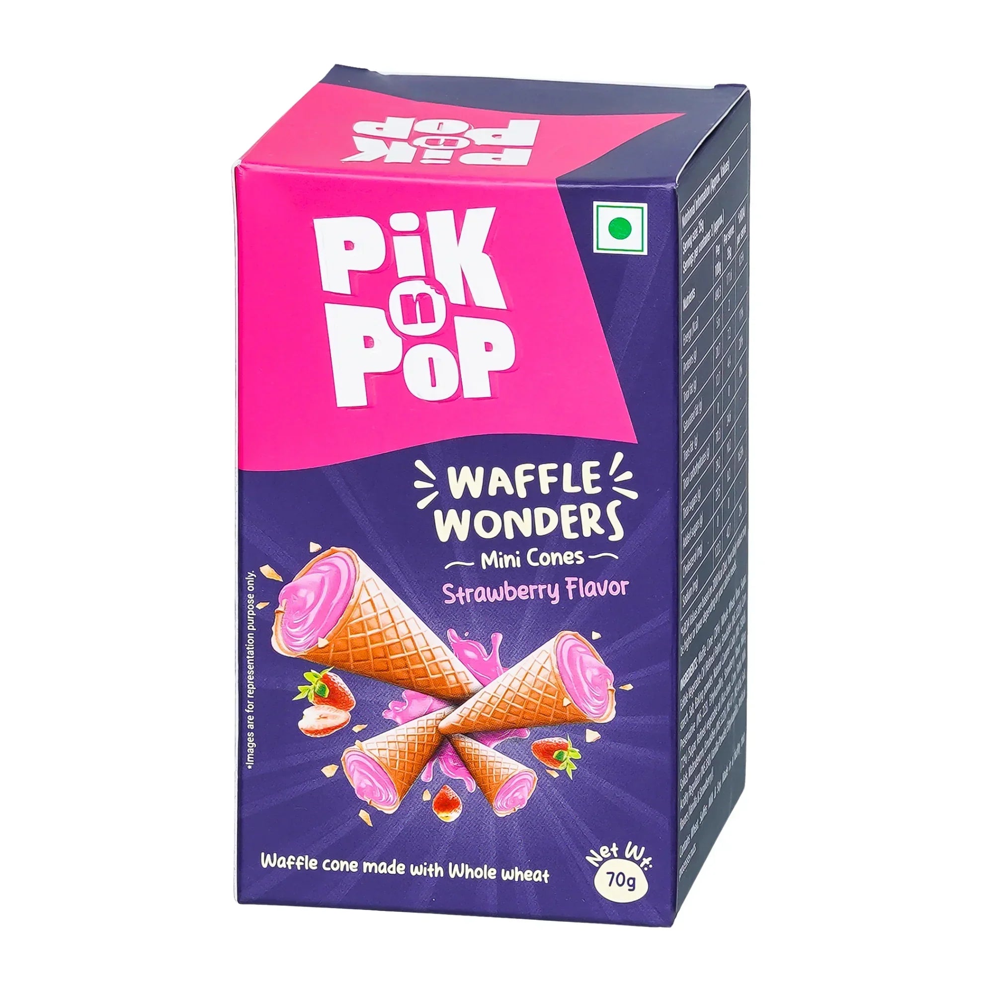 Box of Pik n Pop Waffle Wonders mini cones, strawberry flavor, with whole wheat, 70g