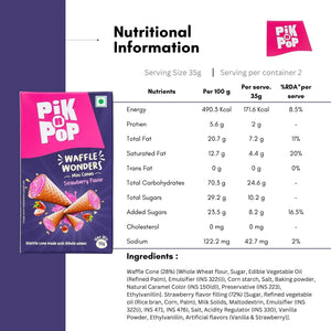 Pik n Pop Waffle Wonders Mini Cones Strawberry Flavor box with nutritional information and ingredients list displayed.