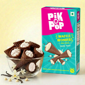Bowl of chocolate waffle mini cones with vanilla cream and Pik n Pop Waffle Wonders Vanilla Flavor box