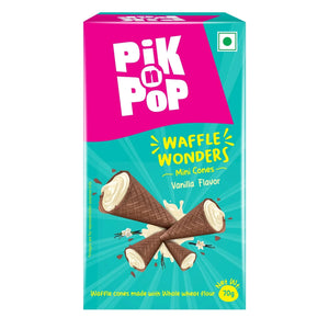 Pik n Pop Waffle Wonders mini cones vanilla flavor box with chocolate cones and vanilla filling