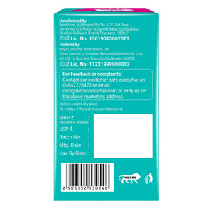 Back of a teal product box with feedback details, FSSAI license numbers, barcode, and icons.