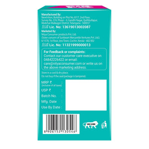 Back of a teal product box with feedback details, FSSAI license numbers, barcode, and icons.