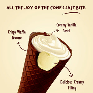 Chocolate waffle cone with vanilla cream swirl and creamy filling, highlighted texture.