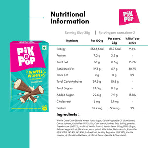 Pik n Pop Waffle Wonders mini cones vanilla flavor box with nutritional information and ingredients list.