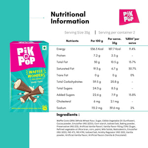 Pik n Pop Waffle Wonders mini cones vanilla flavor box with nutritional information and ingredients list.