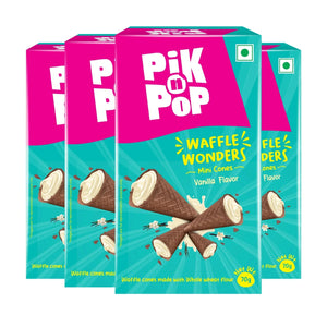 Pack of four Pik n Pop Waffle Wonders mini cones vanilla flavor boxes, 70g each