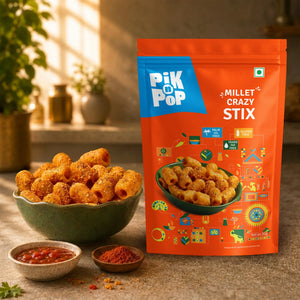 Pik n Pop Millet Crazy Stix snack bag with bowl of crunchy stix, chili powder, and dip, gluten-free and palm oil-free