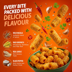 Crispy masala-flavored snack sticks with garlic, chili, and black pepper, served in a green bowl on orange background