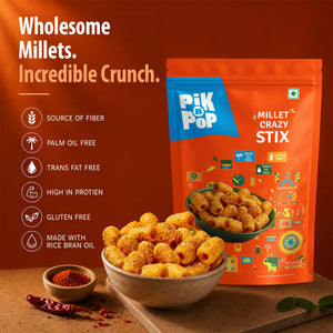 Pik n Pop Millet Crazy Stix – wholesome, gluten-free, palm oil-free crunchy snack with fiber & protein
