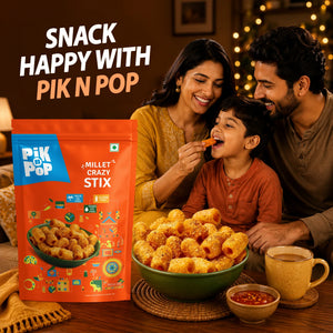 Family enjoying Pik N Pop Millet Crazy Stix gluten-free snack, perfect for happy snacking moments at home.