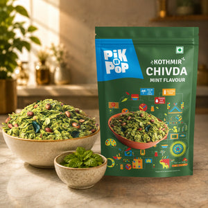 Pik n Pop Kothmir Chivda Mint Flavour snack, gluten-free, palm oil-free, served in a bowl with fresh mint leaves