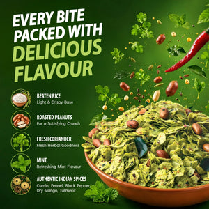 Green mint-flavored snack with roasted peanuts, coriander, and Indian spices in a bowl