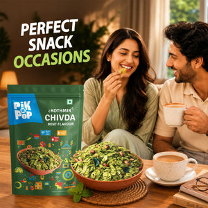 Pik n Pop Kothmir Chivda Mint Flavour snack with couple enjoying tea, perfect for snack occasions