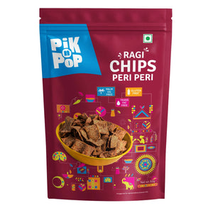 Pik n Pop Ragi Chips Peri Peri – gluten-free, palm oil-free snack in vibrant packaging