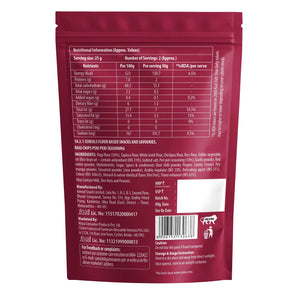 Ragi chips peri peri seasoning back label with nutrition facts, ingredients, and storage info for gourmet FMCG snack