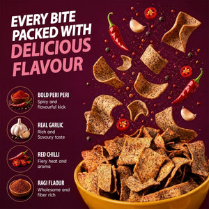 Spicy Peri Peri, Garlic & Red Chilli flavored chips with Ragi, bold gourmet snack bites
