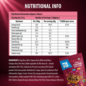Nutritional info and ingredients for Pik n Pop Ragi Chips Peri Peri, gluten-free snack with ragi flour and spices
