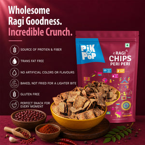 Pik n Pop Ragi Chips Peri Peri – wholesome, gluten-free, baked snack with incredible crunch, rich in protein & fiber