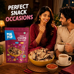 Pik n Pop Ragi Chips Peri Peri snack with couple enjoying tea, perfect for cozy snack occasions