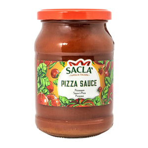 Jar of Sacla pizza sauce with a colorful label on a white background