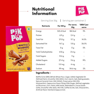 Pik n Pop Waffle Wonders cappuccino flavor mini cones with nutritional info and ingredients list