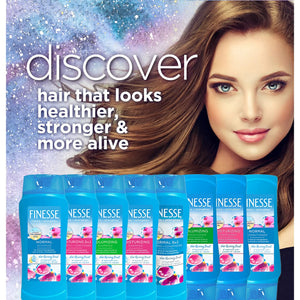 Finesse hair care products lineup with healthy, shiny hair and text promoting stronger, more alive hair