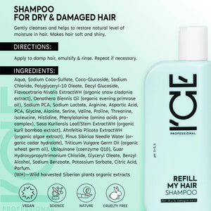 ICE Professional refill my hair shampoo for dry and damaged hair.