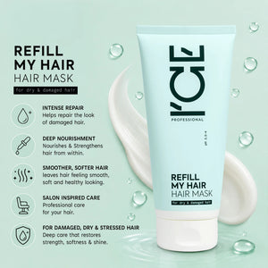 Refill My Hair mask for dry and damaged hair in a light blue tube with creamy texture.