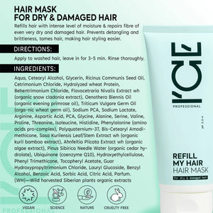 ICE Professional Refill My Hair Mask for dry and damaged hair, showing ingredients and directions.