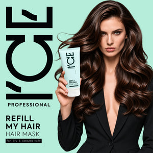Woman with wavy brown hair holding I'CE Professional Refill My Hair Hair Mask for dry damaged hair