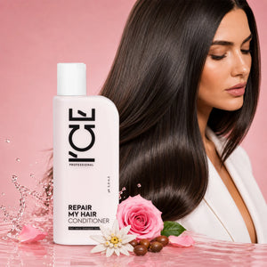 L'ICE Professional Repair My Hair Conditioner for damaged hair with a woman and pink roses.