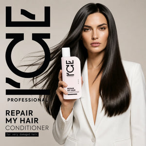 Woman holding a bottle of ICE Professional Repair My Hair Conditioner for damaged hair.