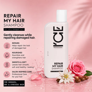 Repair My Hair Shampoo for damaged, dry, and stressed hair in a white bottle with pink roses.
