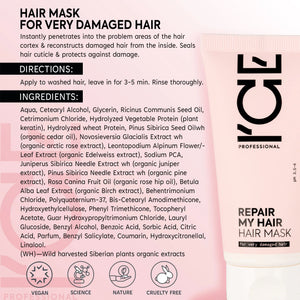 ICE Professional Repair My Hair Mask for very damaged hair with ingredients list.