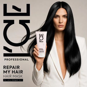 Woman holding L'CE Professional Repair My Hair hair mask for very damaged hair.