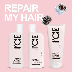 ICE Professional Repair My Hair shampoo, conditioner, and hair mask set on pink background.