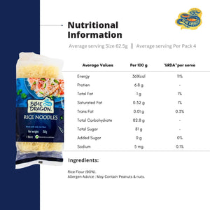 Blue Dragon rice noodles package with nutritional information and ingredients including rice flour