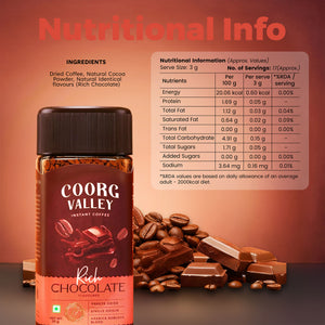 A bottle of Coorg Valley Rich Chocolate Instant Coffee is shown against a warm brown gradient background with coffee beans and chocolate pieces. A large 'Nutritional Info' panel and ingredient list are displayed on the right side of the image.
